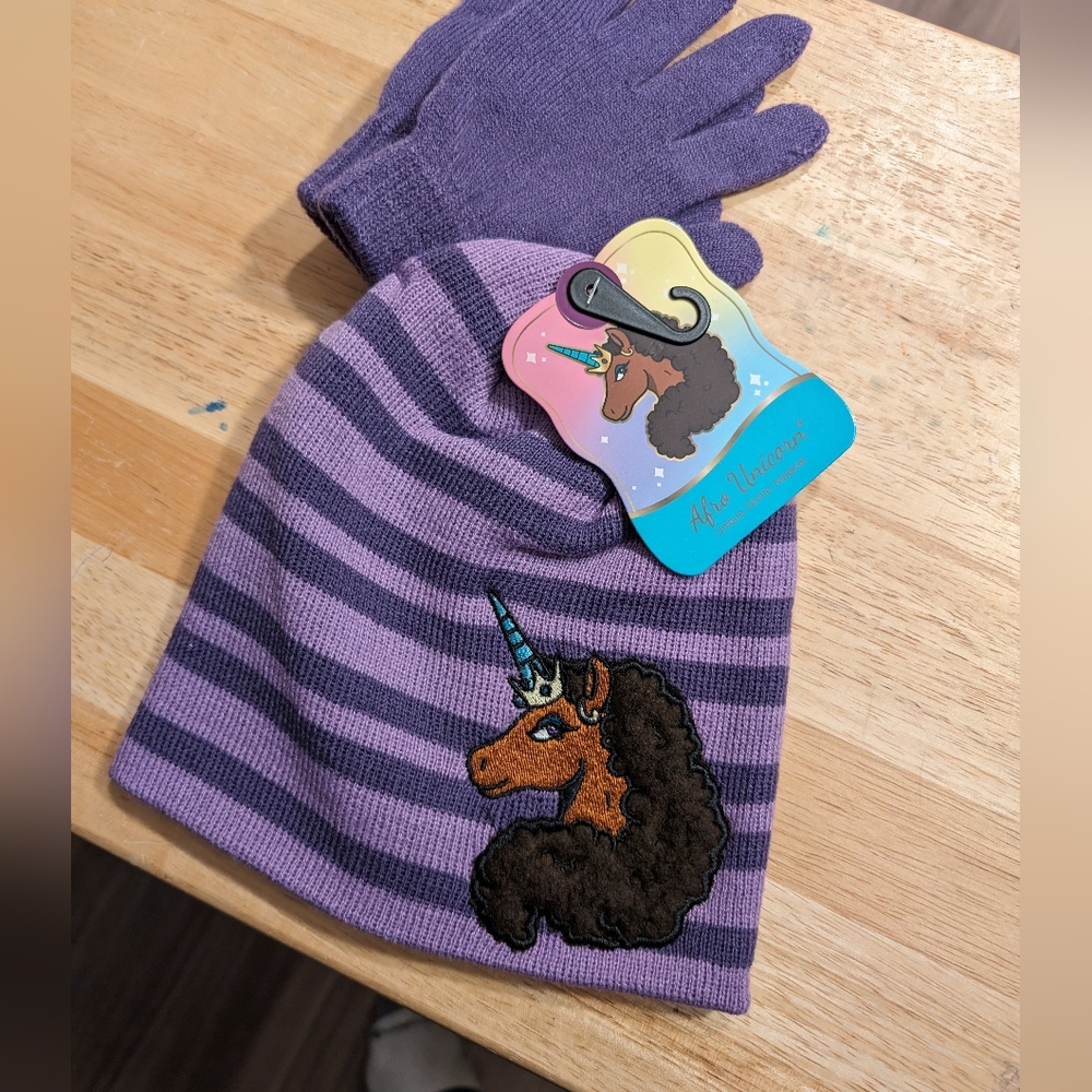 Kids Afro Unicorn Winter Tuque Gloves Set